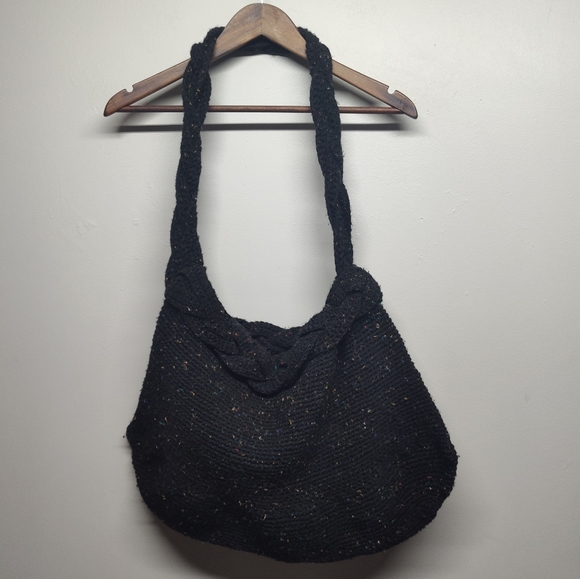Hand Knitted Handbags - Hand Knit Bohemian Shoulder Bag Dark Gray Open Braided Strap Every Day Casual